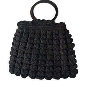 Handcrafted Black Crochet Handbag With Round Handles & Zipper Closure